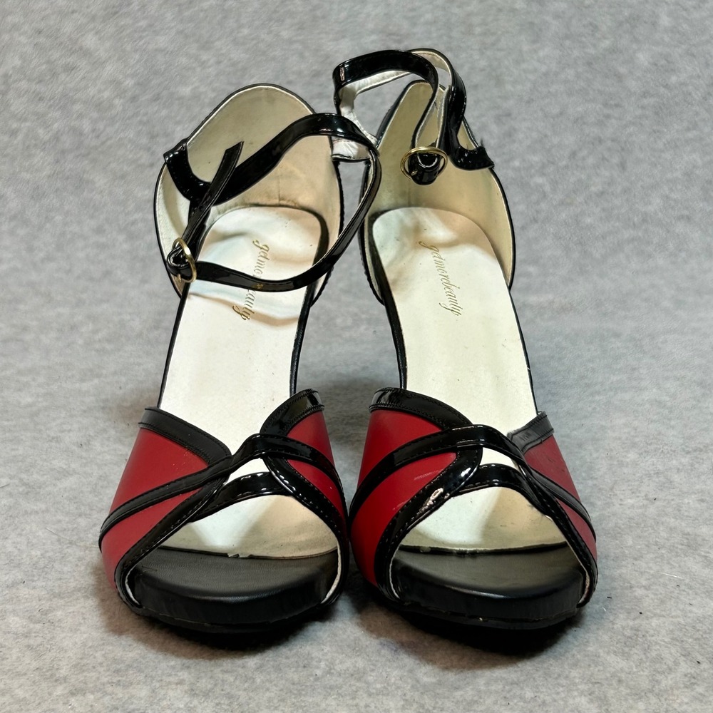 Womens Red Black Patent Leather Stiletto Heels Ankle Strap‎ Peep Toe Shoes 42M - Picture 4 of 10